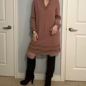 LAFFAIRE Los Angeles Linen Blend Boho Crochet Trim Dress